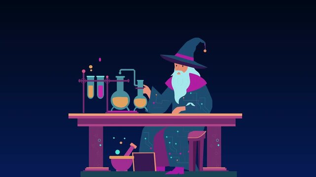 Alquimista manejando reacciones qu&iacute;micas en un laboratorio