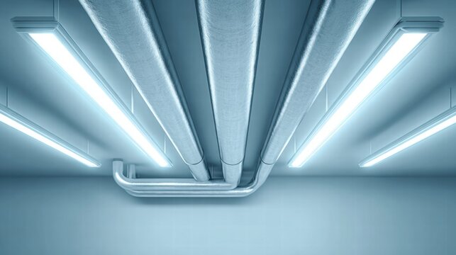 Industrial ceiling with pipes and fluorescent lights
