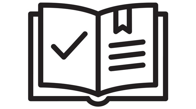 Book open with checkmark and bookmark icon in black line art style, symbolizing validation and reading featuring education, knowledge, approval with simple design and graphic resources elements,