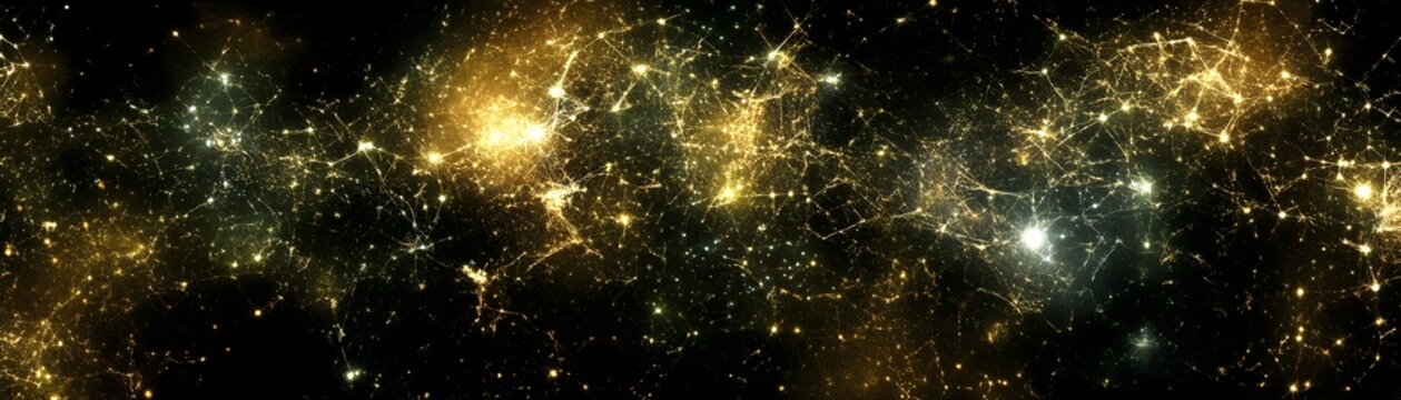 Illuminated points of light form intricate webs across a dark cosmic background.