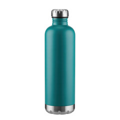 Teal metal water bottle with silver cap and bottom isolated on a transparent background