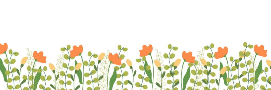 Spring floral border with orange and yellow flowers and leaves, decorative garden frame element, flat vector illustration isolated on white