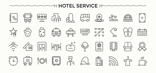 Hotel Service icon set in linear style. Icons for UI designs. Restaurant icon set. Contains outline symbols like room service, restaurant, receptionist, hostel, hotel and more. © Rubbble