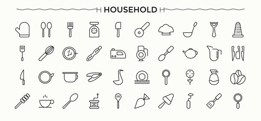 Household Appliances related icon set. Kitchenware web icons pack. Outline symbol collection. Domestic icon set. Editable stroke. Pixel Perfect.