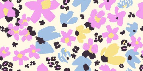 Obraz premium Vibrant spring-inspired abstract floral vector pattern in playful pink, sky blue, lemon yellow, and deep black on a creamy base—bold brushstrokes, joyful energy