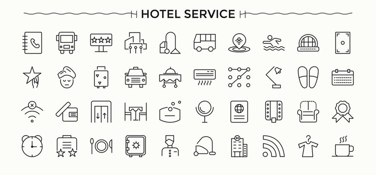 Hotel Service icon set in linear style. Icons for UI designs. Restaurant icon set. Contains outline symbols like room service, restaurant, receptionist, hostel, hotel and more.
