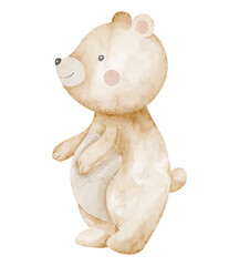 Bear watercolor illustration in soft pastel tones with gentle character design. Art of cute animal for nursery decor, baby shower invitations or childish greeting cards. Teddy for posters.