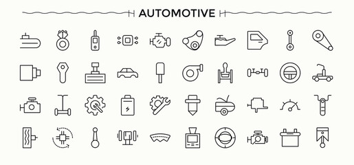 Automotive line icon set. Car icon set in linear style. Sign and Symbol. Contain linear sign auto, auto parts, repair, service, parts and more. Editable stroke. Pixel Perfect.