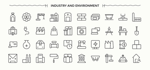 Set of Industry line icon. Pack of factory, industrial, manufacture and more. Minimalist linear icons. Manufacture icon set. Pixel perfect. Editable stroke.