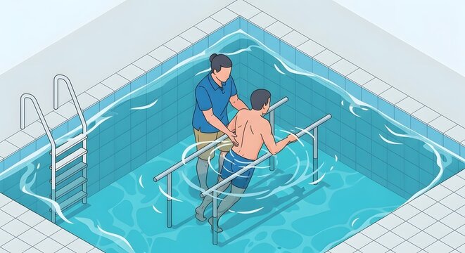 Therapist assists a male patient with walking exercises using parallel bars in a warm therapy swimming pool.