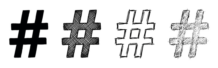 Obraz premium Four hand-drawn black hashtag symbols in different artistic styles, including solid fill, cross-hatching, outline, and scribble texture, creating a diverse set of graphic elements