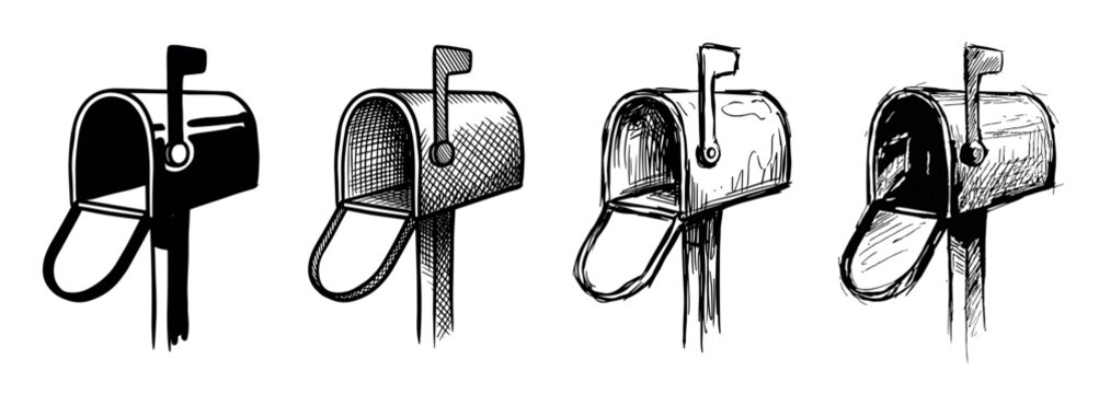 Set of four hand-drawn mailbox illustrations in various sketch styles, showing a progression from simple silhouette to detailed cross-hatching with open doors and raised flags