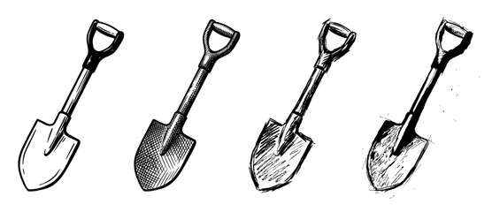 Hand-drawn garden spade collection showing four different artistic styles, from a simple clean outline to detailed crosshatching and an expressive, sketchy ink drawing