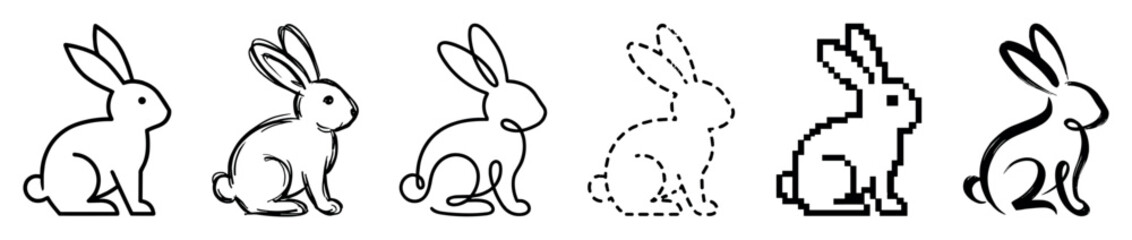 Obraz premium Collection of six black rabbit icons in various artistic styles including outline, sketch, continuous line, dashed, pixel art, and calligraphic brush stroke