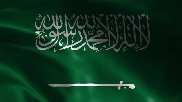 Realistic Waving Flag of Saudi Arabia Loop - National Symbol of KSA with Arabic Calligraphy and Sword on Green Background