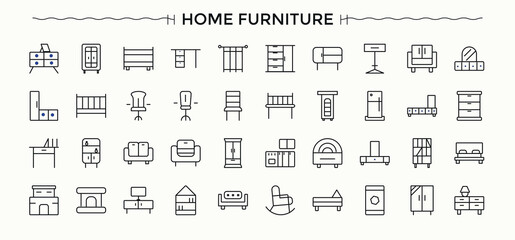 Home Furnishing modern icon set. Decoration vector line icon set. Related to house, decor, furniture, chair, kitchen, office, cabinet and more. Editable stroke. Vector collection.