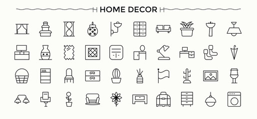 Home Decor icon collection. Decoration icon set. Minimal thin line web icons set. Pack of bed, decor, kitchen, home, indoor, sofa, apartment and more. Pixel perfect. Editable stroke.