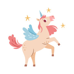 Fototapeta premium Mythical beast with horn and wings, unicorn character. Vector isolated fairy tale personage with antler on head. Magic world and fantasy creature and figure. Flying horse or pony mystical animal