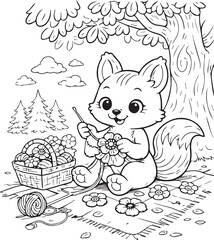 Black-and-white coloring page for children ages 3&ndash;5 featuring a cute fox sitting under a tree on a blanket, crocheting flowers. Large, simple details and a transparent background make it perfect for p