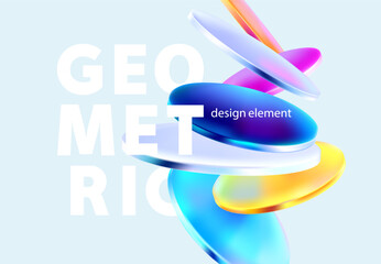 Transparent and glass geometric shape. Abstract composition of 3D circle and ovals in liquid glass style. Vector design elements.
