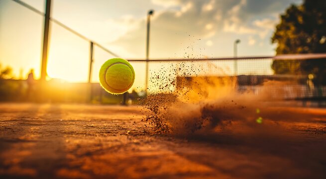 Tennis ball hitting clay court surface with dust particles in sunset light for sports action concept