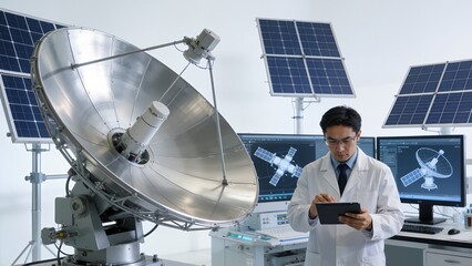 Scientist working with satellite dish and solar panels