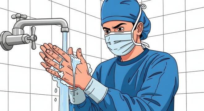 Surgeon meticulously washes hands with soap and water before a medical procedure, highlighting critical hygiene practices and infection control in a clinical setting.
