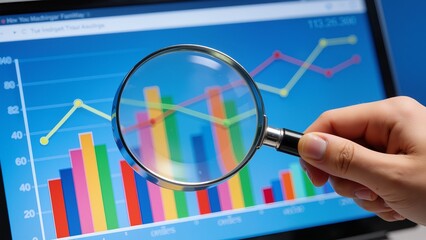 Hand holding magnifying glass over data chart