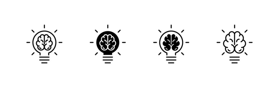 Brain in light bulb icon set.  Vector illustration.