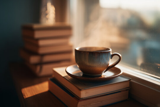 Steaming coffee cup on a stack of books by a window in soft morning light. Cozy, moody still life. Concept of slow living, reading, learning. Ideal for education, lifestyle, publishing, blogs