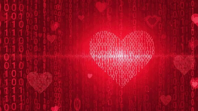 Red background with binary code heart symbols and digital matrix data patterns