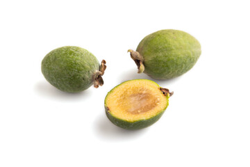 Ripe Feijoa isolated on white, side view, close up