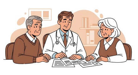 Fototapeta premium Doctor reviews important medical documents and insurance forms with a smiling elderly couple seated across the desk.