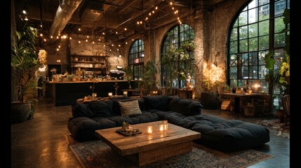 Cozy loft with plants, couches, and cafe-style ambiance