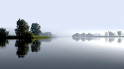 Fototapeta premium Tranquil Early Morning Mist Over Still Water with Reflective Trees