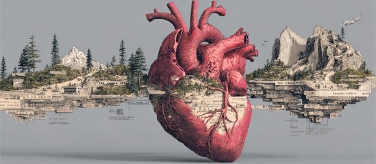 A red heart, containing miniature landscapes, mountains and trees