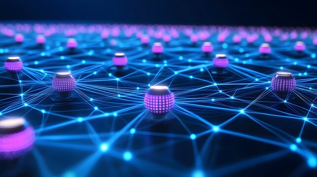 Glowing nodes illuminate a complex digital structure representing interconnected data pathways