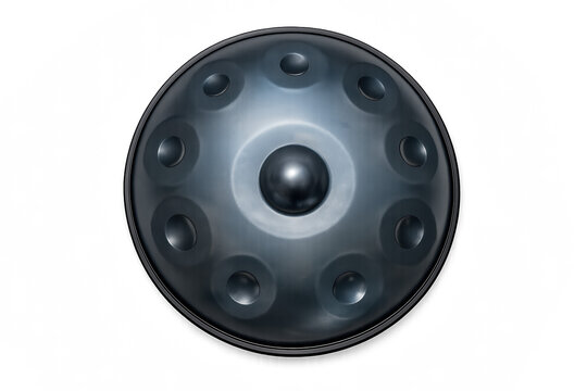 Steel percussion instrument: realistic hang drum with circular indentations on grey background