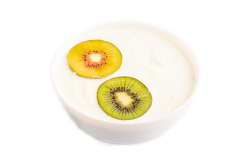 Yogurt with kiwi in white bowl Isolated on white, side view, copy space