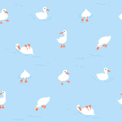 Cute goose on a blue water background with doodle wawes. Simple kids fabric and textile. Vector illustration. Seamless pattern for wrapping paper. © Vala Ivashchenko