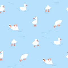 Cute goose on a blue water background with doodle wawes. Simple kids fabric and textile. Vector illustration. Seamless pattern for wrapping paper. © Vala Ivashchenko
