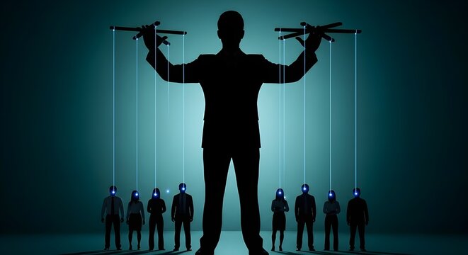 Silhouette of a man controlling puppets with glowing blue heads