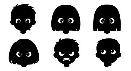 Obraz premium Collection of Children Avatar Silhouettes with Detailed Eyes Expressing Various Emotions Including Anger, Curiosity, and Happiness for Educational Psychology and Profile Icon Designs