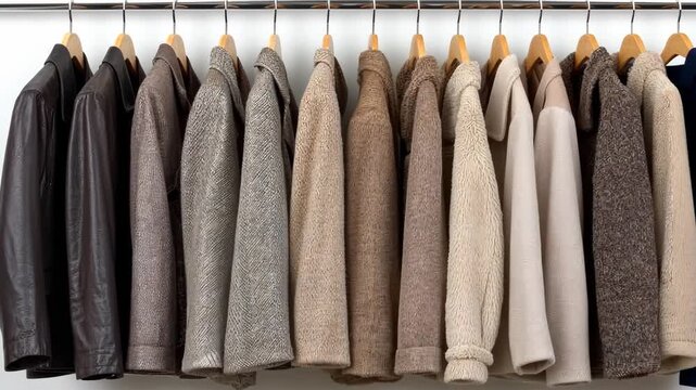 Different styles of jackets and coats on a rack in a clothing store during autumn season