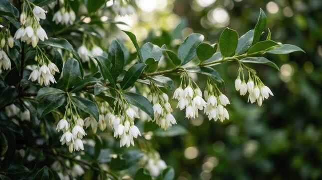 Delicate white bell-shaped flowers blooming beautifully on a lush green shrub branch with copy space for nature and serenity concept.