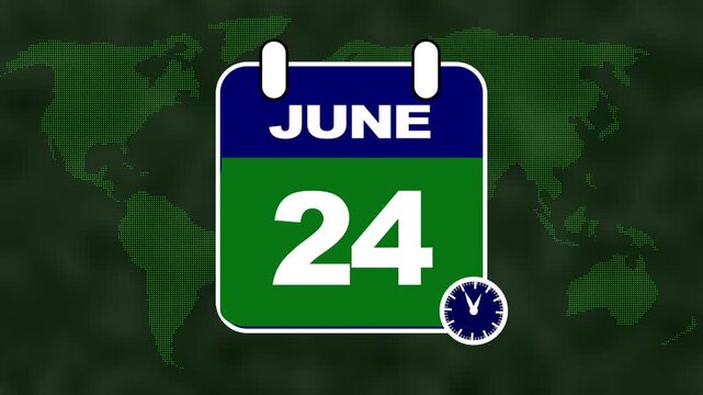 June 24th Calendar Date with World Map Background and Clock Icon global