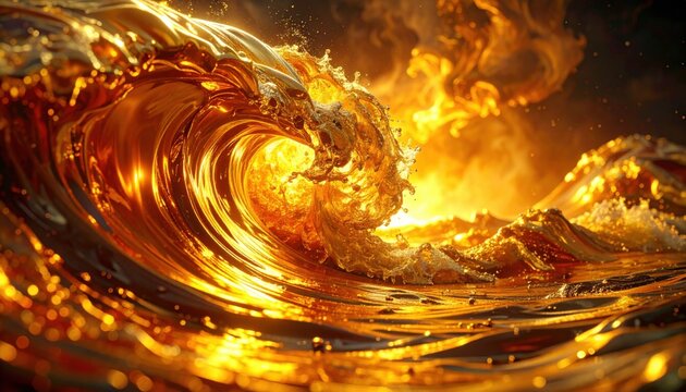 A powerful, fiery wave crashes with intense golden light and swirling smoke, evoking a sense of elemental power and dramatic natural forces.