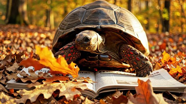 Turtle rests on open book amidst fallen autumn leaves in a serene forest setting, embodying peace and tranquility.