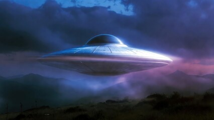 Obraz premium Mysterious ufo hovering over mountainous landscape during twilight.