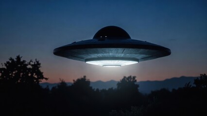 Obraz premium Mysterious flying saucer hovering over forest at dusk with glowing lights.